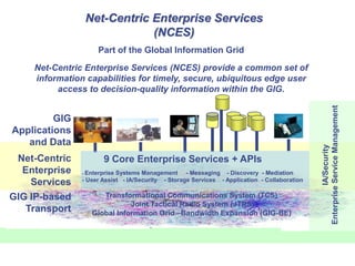 Net-Centric Enterprise Services
(NCES)
GIG
Applications
and Data
Net-Centric
Enterprise
Services
Transformational Communications System (TCS)
Joint Tactical Radio System (JTRS)
Global Information Grid –Bandwidth Expansion (GIG-BE)
- Enterprise Systems Management - Messaging - Discovery - Mediation
- User Assist - IA/Security - Storage Services - Application - Collaboration
9 Core Enterprise Services + APIs
GIG IP-based
Transport
Part of the Global Information Grid
Net-Centric Enterprise Services (NCES) provide a common set of
information capabilities for timely, secure, ubiquitous edge user
access to decision-quality information within the GIG.
IA/Security
EnterpriseServiceManagement
 