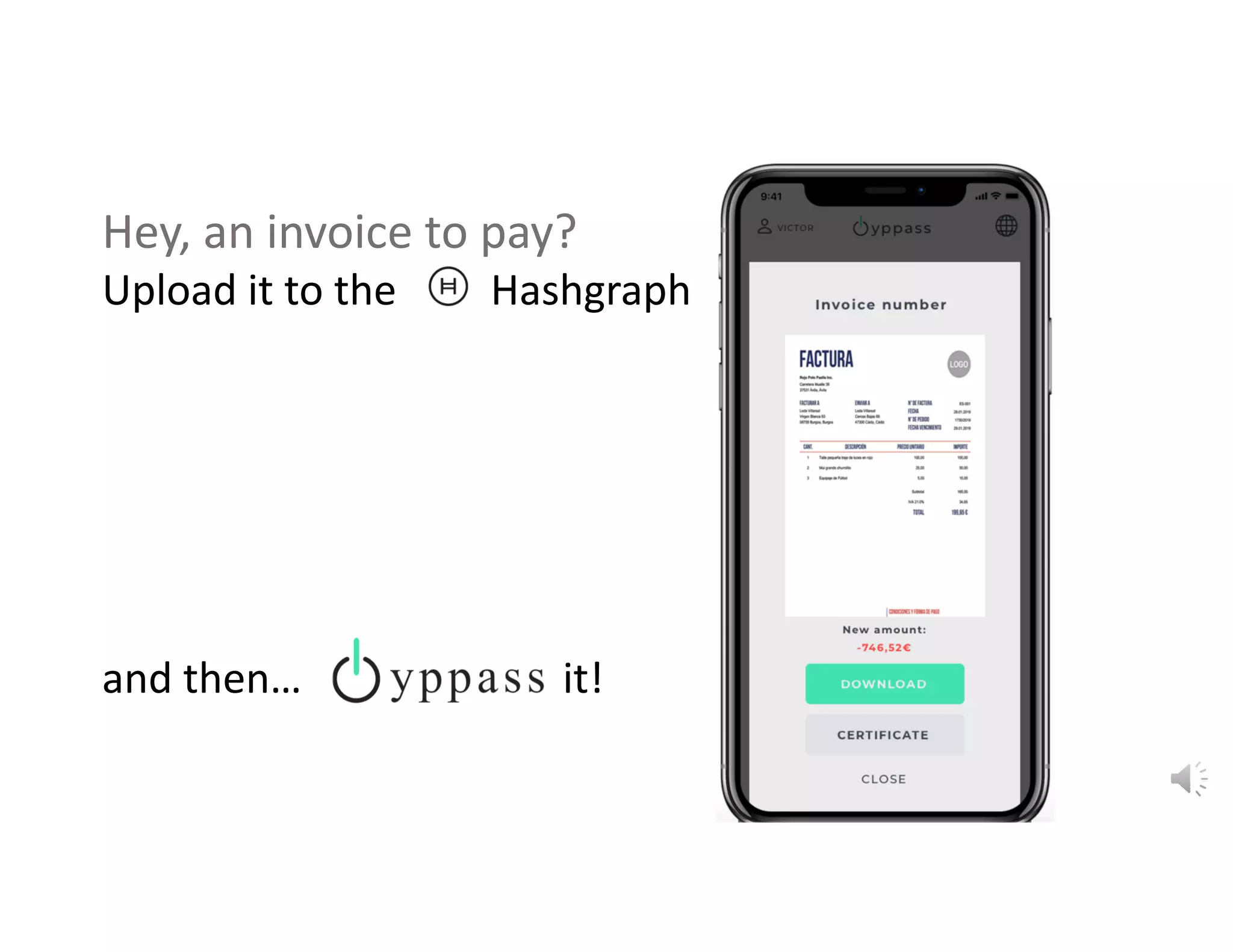 Hey, an invoice to pay?   
Upload it to the         Hashgraph
and then…                         it!
 