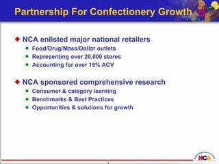 NCA enlisted major national retailers Food/Drug/Mass/Dollar outlets Representing over 20,000 stores Accounting for over 15% ACV NCA sponsored comprehensive research  Consumer & category learning  Benchmarks & Best Practices  Opportunities & solutions for growth  Partnership For Confectionery Growth 
