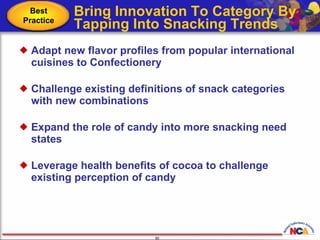 Bring Innovation To Category By Tapping Into Snacking Trends Adapt new flavor profiles from popular international cuisines to Confectionery Challenge existing definitions of snack categories with new combinations Expand the role of candy into more snacking need states  Leverage health benefits of cocoa to challenge existing perception of candy Best Practice 
