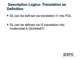 Description Logics: Translation as
Definition
   DL can be defined via translation t1 into FOL

   DL can be defined via t2 translation into
    multimodal K (Schilds91)
 