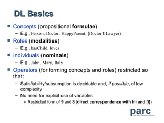 DL Basics
   Concepts (propositional formulae)
    – E.g., Person, Doctor, HappyParent, (Doctor t Lawyer)
   Roles (modalities)
    – E.g., hasChild, loves
   Individuals (nominals)
    – E.g., John, Mary, Italy
   Operators (for forming concepts and roles) restricted so
    that:
    – Satisfiability/subsumption is decidable and, if possible, of low
      complexity
    – No need for explicit use of variables
        » Restricted form of 9 and 8 (direct correspondence with hii and [i])
 
