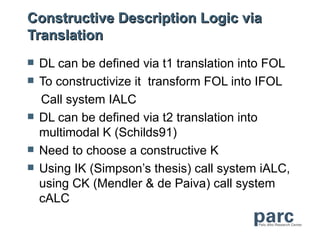 Constructive Description Logic via
Translation
   DL can be defined via t1 translation into FOL
   To constructivize it transform FOL into IFOL
    Call system IALC
   DL can be defined via t2 translation into
    multimodal K (Schilds91)
   Need to choose a constructive K
   Using IK (Simpson’s thesis) call system iALC,
    using CK (Mendler & de Paiva) call system
    cALC
 