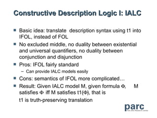 Constructive Description Logic I: IALC

   Basic idea: translate description syntax using t1 into
    IFOL, instead of FOL
   No excluded middle, no duality between existential
    and universal quantifiers, no duality between
    conjunction and disjunction
   Pros: IFOL fairly standard
    – Can provide IALC models easily
   Cons: semantics of IFOL more complicated…
   Result: Given IALC model M, given formula Φ,      M
    satisfies Φ iff M satisfies t1(Φ), that is
    t1 is truth-preserving translation
 