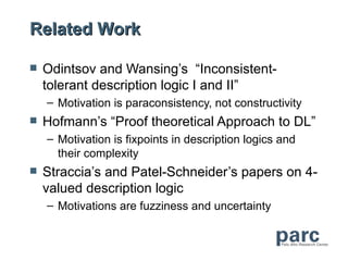 Related Work

   Odintsov and Wansing’s “Inconsistent-
    tolerant description logic I and II”
    – Motivation is paraconsistency, not constructivity
   Hofmann’s “Proof theoretical Approach to DL”
    – Motivation is fixpoints in description logics and
      their complexity
   Straccia’s and Patel-Schneider’s papers on 4-
    valued description logic
    – Motivations are fuzziness and uncertainty
 