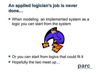 An applied logician’s job is never
done…
   When modeling an implemented system as a
    logic you can start from the system




   Or you can start from logics that could fit it
   Hopefully the two meet up…
 