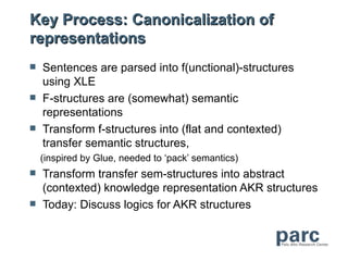 Key Process: Canonicalization of
representations
   Sentences are parsed into f(unctional)-structures
    using XLE
   F-structures are (somewhat) semantic
    representations
   Transform f-structures into (flat and contexted)
    transfer semantic structures,
    (inspired by Glue, needed to ‘pack’ semantics)
   Transform transfer sem-structures into abstract
    (contexted) knowledge representation AKR structures
   Today: Discuss logics for AKR structures
 