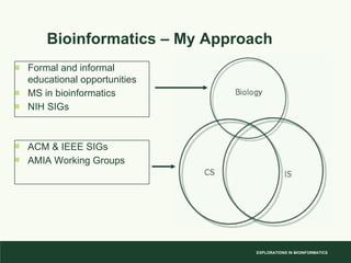 Bioinformatics – My Approach Formal and informal educational opportunities MS in bioinformatics NIH SIGs ACM & IEEE SIGs AMIA Working Groups 
