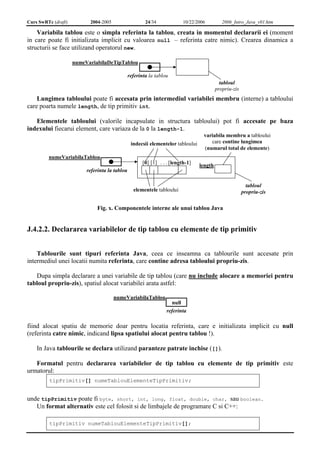 Curs SwRTc (draft) 2004-2005 24/34 10/22/2006 2006_Intro_Java_v01.htm 
Variabila tablou este o simpla referinta la tablou, creata in momentul declararii ei (moment 
in care poate fi initializata implicit cu valoarea null – referinta catre nimic). Crearea dinamica a 
structurii se face utilizand operatorul new. 
numeVariabilaDeTipTablou 
referinta la tablou 
tabloul 
propriu-zis 
Lungimea tabloului poate fi accesata prin intermediul variabilei membru (interne) a tabloului 
care poarta numele length, de tip primitiv int. 
Elementele tabloului (valorile incapsulate in structura tabloului) pot fi accesate pe baza 
indexului fiecarui element, care variaza de la 0 la length-1. 
numeVariabilaTablou 
referinta la tablou 
[0] [1] . . . [length-1] length 
elementele tabloului 
tabloul 
propriu-zis 
indecsii elementelor tabloului 
variabila membru a tabloului 
care contine lungimea 
(numarul total de elemente) 
Fig. x. Componentele interne ale unui tablou Java 
J.4.2.2. Declararea variabilelor de tip tablou cu elemente de tip primitiv 
Tablourile sunt tipuri referinta Java, ceea ce inseamna ca tablourile sunt accesate prin 
intermediul unei locatii numita referinta, care contine adresa tabloului propriu-zis. 
Dupa simpla declarare a unei variabile de tip tablou (care nu include alocare a memoriei pentru 
tabloul propriu-zis), spatiul alocat variabilei arata astfel: 
numeVariabilaTablou 
null 
referinta 
fiind alocat spatiu de memorie doar pentru locatia referinta, care e initializata implicit cu null 
(referinta catre nimic, indicand lipsa spatiului alocat pentru tablou !). 
In Java tablourile se declara utilizand paranteze patrate inchise ([]). 
Formatul pentru declararea variabilelor de tip tablou cu elemente de tip primitiv este 
urmatorul: 
tipPrimitiv[] numeTablouElementeTipPrimitiv; 
unde tipPrimitiv poate fi byte, short, int, long, float, double, char, sau boolean. 
Un format alternativ este cel folosit si de limbajele de programare C si C++: 
tipPrimitiv numeTablouElementeTipPrimitiv[]; 
 