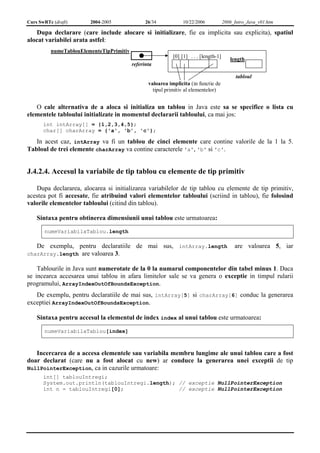 Curs SwRTc (draft) 2004-2005 26/34 10/22/2006 2006_Intro_Java_v01.htm 
Dupa declarare (care include alocare si initializare, fie ea implicita sau explicita), spatiul 
alocat variabilei arata astfel: 
numeTablouElementeTipPrimitiv 
referinta 
[0] [1] . . . [length-1] length 
valoarea implicita (in functie de 
tipul primitiv al elementelor) 
tabloul 
O cale alternativa de a aloca si initializa un tablou in Java este sa se specifice o lista cu 
elementele tabloului initializate in momentul declararii tabloului, ca mai jos: 
int intArray[] = {1,2,3,4,5}; 
char[] charArray = {'a', 'b', 'c'}; 
In acest caz, intArray va fi un tablou de cinci elemente care contine valorile de la 1 la 5. 
Tabloul de trei elemente charArray va contine caracterele 'a', 'b' si 'c'. 
J.4.2.4. Accesul la variabile de tip tablou cu elemente de tip primitiv 
Dupa declararea, alocarea si initializarea variabilelor de tip tablou cu elemente de tip primitiv, 
acestea pot fi accesate, fie atribuind valori elementelor tabloului (scriind in tablou), fie folosind 
valorile elementelor tabloului (citind din tablou). 
Sintaxa pentru obtinerea dimensiunii unui tablou este urmatoarea: 
numeVariabilaTablou.length 
De exemplu, pentru declaratiile de mai sus, intArray.length are valoarea 5, iar 
charArray.length are valoarea 3. 
Tablourile in Java sunt numerotate de la 0 la numarul componentelor din tabel minus 1. Daca 
se incearca accesarea unui tablou in afara limitelor sale se va genera o exceptie in timpul rularii 
programului, ArrayIndexOutOfBoundsException. 
De exemplu, pentru declaratiile de mai sus, intArray[5] si charArray[6] conduc la generarea 
exceptiei ArrayIndexOutOfBoundsException. 
Sintaxa pentru accesul la elementul de index index al unui tablou este urmatoarea: 
numeVariabilaTablou[index] 
Incercarea de a accesa elementele sau variabila membru lungime ale unui tablou care a fost 
doar declarat (care nu a fost alocat cu new) ar conduce la generarea unei exceptii de tip 
NullPointerException, ca in cazurile urmatoare: 
int[] tablouIntregi; 
System.out.println(tablouIntregi.length); // exceptie NullPointerException 
int n = tablouIntregi[0]; // exceptie NullPointerException 
 