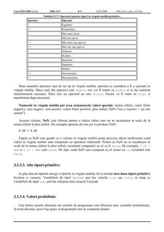 Curs POO-2006 (draft) 2006-2007 8/34 10/22/2006 2006_Intro_Java_v01.htm 
Tabelul J.3.7. Operatori pentru tipuri in virgula mobila primitive. 
Operator Operatie 
= Egalitate 
!= Inequalitate 
> Mai mare decat 
< Mai mic decat 
>= Mai mare sau egal cu 
<= Mai mic sau egal cu 
+ Adunare 
- Scadere 
* Inmultire 
/ Impartire 
% Modul 
++ Incrementare 
-- Decrementare 
Daca amandoi operanzi sunt de un tip in virgula mobila, operatia se considera a fi o operatie in 
virgula mobila. Daca unul din operanzi este double, toti vor fi tratati ca double si se fac automat 
transformarile necesare. Daca nici un operand nu este double, fiecare va fi tratat ca float si 
transformat dupa necesitati. 
Numerele in virgula mobila pot avea urmatoarele valori speciale: minus infinit, valori finite 
negative, zero negativ, zero pozitiv, valori finite pozitive, plus infinit, NaN ("not a number = nu este 
numar"). 
Aceasta valoare, NaN, este folosita pentru a indica valori care nu se incadreaza in scala de la 
minus infinit la plus infinit. De exemplu operatia de mai jos va produce NaN: 
0.0f / 0.0f 
Faptul ca NaN este gandit ca o valoare in virgula mobila poate provoca efecte neobisnuite cand 
valori in virgula mobila sunt comparate cu operatori relationali. Pentru ca NaN nu se incadreaza in 
scala de la minus infinit la plus infinit, rezultatul compararii cu el va fi false. De exemplu, 5.3f > 
NaN si 5.3f < NaN sunt false. De fapt, cand NaN este comparat cu el insusi cu ==, rezultatul este 
false. 
J.3.3.3. Alte tipuri primitive 
In plus fata de tipurile intregi si tipurile in virgula mobila, Java include inca doua tipuri primitive 
boolean si caracter. Variabilele de tipul boolean pot lua valorile true sau false, in timp ce 
variabilele de tipul char pot lua valoarea unui caracter Unicode. 
J.3.3.4. Valori predefinite 
Una dintre sursele obisnuite ale erorilor de programare este folosirea unei variabile neinitializate. 
In mod obisnuit, acest bug apare in programele care se comporta aleator. 
 