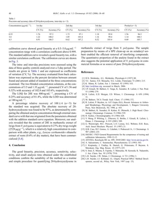 M.B.C. Gallo et al. / J. Chromatogr. B 832 (2006) 36–40

40

Table 1
Precision and accuracy data of 20-hydroxyecdysone, inter-day (n = 5)
Concentration (␮g mL−1 )

1st day

2nd day

3rd day

Pooled (n = 3)

CV (%)
0.55
3.0
4.5

Accuracy (%)

CV (%)

Accuracy (%)

CV (%)

Accuracy (%)

CV (%)

Accuracy (%)

1.76
1.22
0.91

97.5
100.2
106.5

1.73
1.05
0.62

97.1
101.4
107.2

1.18
1.16
0.52

95.0
99.4
103.4

1.56
1.14
0.68

96.5
100.3
105.7

calibration curve showed good linearity at a 0.5–5.0 ␮g mL−1
concentration range with a correlation coefﬁcient above 0.999.
The standard addition curve revealed a good linearity too, with a
similar correlation coefﬁcient. The calibration curves are shown
in Fig. 3.
The intra- and inter-day precisions were assessed using the
data of three quality controls analyzed over a 3-day period. The
results are given in Table 1 and are expressed as coefﬁcients
of variation (CV, %). The accuracy evaluated from back calculation was expressed as the percent deviation between amount
found and amount added of standard at the three concentrations
examined. The two blinded concentration solutions, at the concentrations of 3.5 and 1.35 ␮g mL−1 , presented CV of 1.56 and
0.32% with accuracy of 102.8 and 103.6%, respectively.
The LOQ for 20E was 400 ng mL−1 , presenting a CV of
0.25% and accuracy of 81.4%, while the LOD was determined
at 180 ng mL−1 .
A percentage relative recovery of 100 ± 4 (n = 5) for
the standard was acquired. The absolute recovery of 20hydroxyecdysone was found to be 97%, as determined by comparing the obtained analyte concentration through external standard curve with that one originated from the parameters obtained
with the addition standard curve equation. Moreover, our analysis revealed that the content of 20E in methanolic extract of
twigs from V. polygama is equivalent to 0.27% dry twigs weight
(2528 ␮g g−1 ), which is a relatively high concentration in comparison with other plants, e.g., Leuzea carthamoides ethanolic
extract of roots (0.4% of dry matter), that have been commercialized [3,4].
4. Conclusion
The good linearity, precision, accuracy, sensitivity, selectivity, and small analysis time obtained under the established
conditions conﬁrm the suitability of the method as a routine
and simple procedure for quantifying 20-hydroxyecdysone in

methanolic extract of twigs from V. polygama. The sample
preparation by means of a SPE clean-up on an octadecyl sorbent enabled the efﬁcient removal of interfering compounds.
The quantitative proportion of the analyte found in the extract
also suggests the potential application of V. polygama in commercial formulas or as source of pure 20-hydroxyecdysone.
References
[1]
[2]
[3]
[4]
[5]
[6]
[7]
[8]

[9]
[10]
[11]
[12]
[13]
[14]
[15]
[16]
[17]
[18]
[19]
[20]

H.N. Moldenke, A.L. Moldenke, Phytologia 6 (1957) 80.
T.C. Santos, F.D. Monache, S.G. Leit˜ o, Fitoterapia 72 (2001) 215.
a
K. Sl´ ma, R. Lafont, Eur. J. Entomol. 92 (1995) 355.
a
http://ecdybase.org, accessed in March, 2004.
J.P. Girault, M. B´ thori, E. Varga, K. Szendrei, R. Lafont, J. Nat. Prod.
a
53 (1990) 279.
R. Lafont, E.D. Morgan, I.D. Wilson, J. Chromatogr. A 658 (1994)
31.
M. B´ thori, TrCA Trends Anal. Chem. 17 (1998) 372.
a
R. Lafont, P. Beydon, in: A.P. Gupta (Ed.), Recent Advances in Arthropod Morphology, Physiology and Development, 1, Rutgers University
Press, New Brunswick, NJ, 1990, p. 455.
M. B´ thori, K. Szendrei, H. Kal´ sz, R. Ohmacht, J. High Resol. Chroa
a
matogr. Chromatogr. Commun. 9 (1986) 539.
H. Kal´ sz, Chromatographia 18 (1984) 628.
a
Y. Meng, P. Whiting, L. Zibavera, G. Bertho, J. Girault, R. Lafont, L.
Dinan, J. Chromatogr. A 935 (2001) 309.
G. Wainwright, M.C. Prescott, L.O. Lomas, S.G. Webster, H.H. Rees,
Arch. Insect Biochem. Physiol. 35 (1997) 21.
Q.B. Cass, R.F. Gomes, A. Calafatti, J. Pedrazzoli Jr., J. Chromatogr. A
987 (2003) 235.
ISO/IEC 17025 General Requirements for the competence of testing and
calibration laboratories, 1999-12-15.
ANVISA; Resolucao RE no. 899, 29/05/2003. http://www.anvisa.gov.br.
¸˜
A. Suksamrarn, C. Sommechai, Phytochemistry 32 (1993) 303.
J. Krepinsky, J. Findlay, B. Danieli, G. Polenisano, P. Beynon, S.
Murukani, Org. Mag. Reson. 10 (1977) 225.
S. Imai, E. Murata, S. Fujioka, T. Matsuoka, M. Koreeda, K. Nakanishi,
J. Am. Chem. Soc. 95 (1970) 7510.
L.R. Snyder, J.W. Dolan, J. Chromatogr. A 721 (1996) 3.
L.R. Snyder, J.J. Kirkland, J.L. Glajch, Practical HPLC Method Development, second ed., Wiley, New York, 1997 (cap. 15).

 