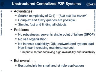 Unstructured Centralized P2P Systems Advantages Search complexity of O(1) –  “just ask the server” Complex and fuzzy queries are possible Simple, fast and finding all objects Problems No robustness: server is single point of failure (SPOF) No self organization No intrinsic scalability: O(N) network and system load Non-linear increasing maintenance cost in particular for achieving high availability and scalability But overall, …  Best principle for small and simple applications 