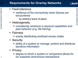 Requirements for Overlay Networks Fault-tolerance resilience of the connectivity when failures are encountered  by arbitrary leave of peers Heterogeneity considering variations in physical capabilities and peer behavior (e.g. file fishing) Fairness evenly distributing workload across nodes Security ability of a system to manage, protect and distribute sensitive information Privacy degree to which a system or component allows for (or supports) anonymous transactions 
