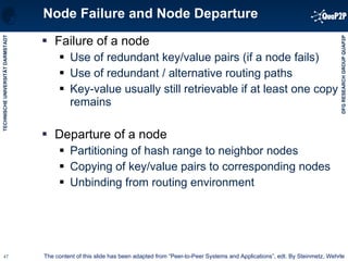 Node Failure and Node Departure Failure of a node Use of redundant key/value pairs (if a node fails) Use of redundant / alternative routing paths Key-value usually still retrievable if at least one copy remains Departure of a node  Partitioning of hash range to neighbor nodes Copying of key/value pairs to corresponding nodes Unbinding from routing environment The content of this slide has been adapted from “Peer-to-Peer Systems and Applications”, edt. By Steinmetz, Wehrle 