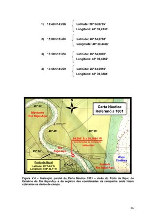 86
1) 13:40h/14:20h Latitude: 26º 54,0765’
Longitude: 48º 39,4133’
2) 15:00h/15:40h Latitude: 26º 54,0788’
Longitude: 48º 39,4406’
3) 16:50h/17:35h Latitude: 26º 54,0896’
Longitude: 48º 39,4262’
4) 17:56h/18:20h Latitude: 26º 54,0910’
Longitude: 48º 39,3884’
Figura V.4 – Ilustração parcial da Carta Náutica 1801 – visão do Porto de Itajaí, do
Estuário do Rio Itajaí-Açu e do registro das coordenadas da campanha onde foram
coletados os dados de campo.
ITAJAÍ
Porto de Itajaí
Latitude: 26º 54,0’ S
Longitude: 048º 39,7’ W
Rio
Itajaí-Açu
Montante
Rio Itajaí-Açu
Jusante
Rio Itajaí-Açu
Zona
Costeira
Carta Náutica
Referência 1801
26º 54’
26º 53’
48º 40’ 48º 39’
54,091’ S x 39,3884’ W
Coordenadas da Campanha
09/Mar/2005
N
 