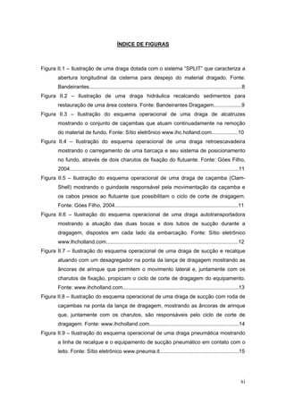xi
ÍNDICE DE FIGURAS
Figura II.1 – Ilustração de uma draga dotada com o sistema “SPLIT” que caracteriza a
abertura longitudinal da cisterna para despejo do material dragado. Fonte:
Bandeirantes........................................................................................................8
Figura II.2 – Ilustração de uma draga hidráulica recalcando sedimentos para
restauração de uma área costeira. Fonte: Bandeirantes Dragagem...................9
Figura II.3 – Ilustração do esquema operacional de uma draga de alcatruzes
mostrando o conjunto de caçambas que atuam continuadamente na remoção
do material de fundo. Fonte: Sítio eletrônico www.ihc.holland.com..................10
Figura II.4 – Ilustração do esquema operacional de uma draga retroescavadeira
mostrando o carregamento de uma barcaça e seu sistema de posicionamento
no fundo, através de dois charutos de fixação do flutuante. Fonte: Góes Filho,
2004...................................................................................................................11
Figura II.5 – Ilustração do esquema operacional de uma draga de caçamba (Clam-
Shell) mostrando o guindaste responsável pela movimentação da caçamba e
os cabos presos ao flutuante que possibilitam o ciclo de corte de dragagem.
Fonte: Góes Filho, 2004....................................................................................11
Figura II.6 – Ilustração do esquema operacional de uma draga autotransportadora
mostrando a atuação das duas bocas e dois tubos de sucção durante a
dragagem, dispostos em cada lado da embarcação. Fonte: Sítio eletrônico
www.lhcholland.com..........................................................................................12
Figura II.7 – Ilustração do esquema operacional de uma draga de sucção e recalque
atuando com um desagregador na ponta da lança de dragagem mostrando as
âncoras de arinque que permitem o movimento lateral e, juntamente com os
charutos de fixação, propiciam o ciclo de corte de dragagem do equipamento.
Fonte: www.ihcholland.com...............................................................................13
Figura II.8 – Ilustração do esquema operacional de uma draga de sucção com roda de
caçambas na ponta da lança de dragagem, mostrando as âncoras de arinque
que, juntamente com os charutos, são responsáveis pelo ciclo de corte de
dragagem. Fonte: www.ihcholland.com.............................................................14
Figura II.9 – Ilustração do esquema operacional de uma draga pneumática mostrando
a linha de recalque e o equipamento de sucção pneumático em contato com o
leito. Fonte: Sítio eletrônico www.pneuma.it......................................................15
 