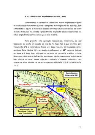 93
V.5.3 – Velocidades Projetadas no Eixo do Canal
Considerando os valores das velocidades médias registradas no ponto
de incursão dos instrumentos durante a campanha de medições no Rio Itajaí-Açú, com
a finalidade de apurar a intensidade dessas correntes naturais em relação ao centro
da calha hidráulica, foi adotado o procedimento de projetar esses escoamentos nas
linhas longitudinal (u’) e transversal (y’) ao eixo do canal.
Para proceder esta operação necessita-se, inicialmente, da real
localização da lancha em relação ao eixo do Rio Itajaí-Açú, o que foi obtida pelo
instrumento GPS e registrada na Figura V.6. Desta maneira, foi visualizado, com o
auxílio da Carta Náutica 1801, um ângulo de defasagem, γ = 40o
, conforme ilustrado
na figura V.5. Após isso, utilizando os recursos da geometria analítica, pode-se
determinar a intensidade do fluxo das velocidades médias devidamente projetadas no
eixo principal do canal. Nessa projeção foi utilizado o processo matemático para
rotação de eixos através de literatura específica (BRONSHTEIN E SEMENDIAEV,
1973).
“Porto de Itajaí”
“Rio Itajaí-Açú”
Determinação do
“Ângulo de Projeção”
das Velocidades
γ = 40º
Posição
da Lancha
Carta Náutica
Referência 1801
N
Travessia de Barcas
Itajaí
 