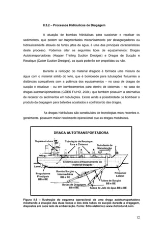 12
II.3.2 – Processos Hidráulicos de Dragagem
A atuação de bombas hidráulicas para succionar e recalcar os
sedimentos, que podem ser fragmentados mecanicamente por desagregadores ou
hidraulicamente através de fortes jatos de água, é uma das principais características
deste processo. Podemos citar os seguintes tipos de equipamentos: Dragas
Autotransportadoras (Hopper Trailing Suction Dredges) e Dragas de Sucção e
Recalque (Cutter Suction Dredges), as quais poderão ser propelidas ou não.
Durante a remoção do material dragado é formada uma mistura de
água com o material sólido do leito, que é bombeado para tubulações flutuantes a
distâncias compatíveis com a potência dos equipamentos – no caso de dragas de
sucção e recalque – ou em bombeamentos para dentro de cisternas – no caso de
dragas autotransportadoras (GÓES FILHO, 2004), que também possuem a alternativa
de recalcar os sedimentos em tubulações. Existe ainda a possibilidade de bombear o
produto da dragagem para batelões acostados a contrabordo das dragas.
As dragas hidráulicas são constituídas de tecnologias mais recentes e,
geralmente, possuem maior rendimento operacional que as dragas mecânicas.
Figura II.6 – Ilustração do esquema operacional de uma draga autotransportadora
mostrando a atuação das duas bocas e dos dois tubos de sucção durante a dragagem,
dispostos em cada lado da embarcação. Fonte: Sítio eletrônico www.ihcholland.com.
DRAGA AUTOTRANSPORTADORA
Bocas de Dragagem
BB e BE
Tubos de Sucção
BB e BE
Guindaste de
Manutenção
Cisterna para armazenamento do
material dragado
Superestrutura Tubulação de Recalque
Para a Cisterna
Propulsores
Principais
BB e BE
Propulsor
Lateral
Bomba Sucção
Intermediária
BB e BE
Tubos de Jato de água BB e BE
Leme
 
