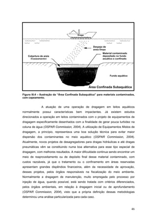 46
Figura III.4 – Ilustração da “Área Confinada Subaquática” para materiais contaminados,
com capeamento.
A atuação de uma operação de dragagem em leitos aquáticos
normalmente possui características bem impactantes. Já existem estudos
direcionados a operação em leitos contaminados com o projeto de equipamentos de
dragagem especificamente desenhados com a finalidade de gerar pouca turbidez na
coluna de água (OSPAR Commission, 2004). A utilização de Equipamentos Mistos de
dragagem, a princípio, representava uma boa solução técnica para evitar maior
dispersão dos contaminantes no meio aquático (OSPAR Commission, 2004).
Atualmente, novos projetos de desagregadores para dragas hidráulicas e até dragas
pneumáticas vêm se constituindo numa boa alternativa para esse tipo especial de
dragagem, com melhores resultados. A maior dificuldade continua sendo encontrar um
meio de reaproveitamento ou de depósito final desse material contaminado, com
custos razoáveis, já que o tratamento ou o confinamento em áreas reservadas
apresentam grandes dispêndios financeiros, além da necessidade de aprovação,
desses projetos, pelos órgãos responsáveis na fiscalização do meio ambiente.
Normalmente a dragagem de manutenção, muito empregada pelo processo por
injeção de água, quando possível, está sendo tratada com critérios diferenciados,
pelos órgãos ambientais, em relação à dragagem inicial ou de aprofundamento
(OSPAR Commission, 2004), visto que a própria definição dessas metodologias
determinou uma análise particularizada para cada caso.
Cobertura de areia
(Capeamento)
Despejo de
areia limpa
Fundo aquático
Material contaminado
depositado no fundo
aquático e confinado
Draga
Autotransportadora
Área Confinada Subaquática
 