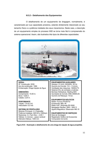 53
III.5.2 – Detalhamento dos Equipamentos
O detalhamento de um equipamento de dragagem, normalmente, é
caracterizado por sua capacidade produtiva, estando diretamente relacionado ao seu
tamanho físico e a potência instalada dos seus mecanismos. Neste caso, a descrição
de um equipamento simples do processo WID se torna mais fácil à compreensão do
sistema operacional. Assim, são ilustrados três tipos de diferentes capacidades:
Figura III.6 – Ilustração e detalhamento de uma draga de injeção de água propelida.
GERAL
Nº. Construção: 2039
Ano de construção: 1999
Embarcação: Draga Injeção de Água
DIMENSÕES
Comprimento: 15,50 m.
Boca: 6,06 m.
Calado: 2,25 m.
PERFOMANCE
Tração: 7,6 ton (m)
Velocidade: 8,5 nós
SISTEMA DE PROPULSÃO
Motores Principais: 2 x Caterpillar
Potência Instalada: 448 kW a 1800rpm
Redutoras: 2 x Twin Disc – 2,95:1
Hélices: 2 x bronze – passo variável
Diâmetro Hélices: 1000 mm
EQUIPAMENTOS AUXILIARES
Gerador: 51 kVA, 230/400V, 50 Hz
Guincho do Convés: 15 t – 5 m/min.
Ventilação das máquinas: 16000m3
/h
Sistema CO2 de combate a incêndio
Bombas Hidráulicas: Sterling SIHI
Guindaste de Convés: Effer 20000-2S
Guincho de Reboque: 15 ton.
EQUIPAMENTOS NÁUTICOS
Radar: Furuno FR 8031D
Ecossonda: MEL 90
Rádio VHF: Shipmate RS 8300
Navegador Navitex: SRH – NAV 5
Agulha Magnética: Observator MK-16
EQUIPAMENTOS DE INSPEÇÃO
Duto de Sondagem
Registrador Gráfico de Ecossonda
Computador de bordo
 