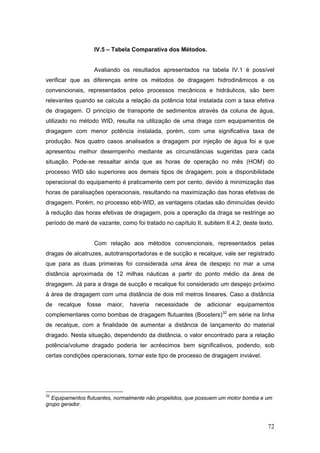 72
IV.5 – Tabela Comparativa dos Métodos.
Avaliando os resultados apresentados na tabela IV.1 é possível
verificar que as diferenças entre os métodos de dragagem hidrodinâmicos e os
convencionais, representados pelos processos mecânicos e hidráulicos, são bem
relevantes quando se calcula a relação da potência total instalada com a taxa efetiva
de dragagem. O princípio de transporte de sedimentos através da coluna de água,
utilizado no método WID, resulta na utilização de uma draga com equipamentos de
dragagem com menor potência instalada, porém, com uma significativa taxa de
produção. Nos quatro casos analisados a dragagem por injeção de água foi a que
apresentou melhor desempenho mediante as circunstâncias sugeridas para cada
situação. Pode-se ressaltar ainda que as horas de operação no mês (HOM) do
processo WID são superiores aos demais tipos de dragagem, pois a disponibilidade
operacional do equipamento é praticamente cem por cento, devido à minimização das
horas de paralisações operacionais, resultando na maximização das horas efetivas de
dragagem. Porém, no processo ebb-WID, as vantagens citadas são diminuídas devido
à redução das horas efetivas de dragagem, pois a operação da draga se restringe ao
período de maré de vazante, como foi tratado no capítulo II, subitem II.4.2, deste texto.
Com relação aos métodos convencionais, representados pelas
dragas de alcatruzes, autotransportadoras e de sucção e recalque, vale ser registrado
que para as duas primeiras foi considerada uma área de despejo no mar a uma
distância aproximada de 12 milhas náuticas a partir do ponto médio da área de
dragagem. Já para a draga de sucção e recalque foi considerado um despejo próximo
à área de dragagem com uma distância de dois mil metros lineares. Caso a distância
de recalque fosse maior, haveria necessidade de adicionar equipamentos
complementares como bombas de dragagem flutuantes (Boosters)32
em série na linha
de recalque, com a finalidade de aumentar a distância de lançamento do material
dragado. Nesta situação, dependendo da distância, o valor encontrado para a relação
potência/volume dragado poderia ter acréscimos bem significativos, podendo, sob
certas condições operacionais, tornar este tipo de processo de dragagem inviável.
32
Equipamentos flutuantes, normalmente não propelidos, que possuem um motor bomba e um
grupo gerador.
 