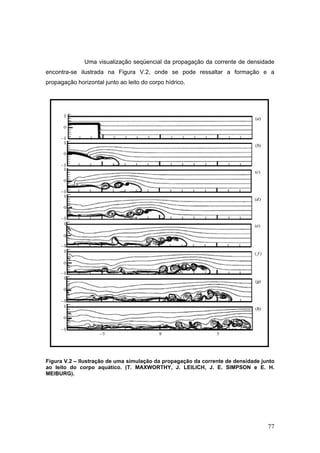 77
Uma visualização seqüencial da propagação da corrente de densidade
encontra-se ilustrada na Figura V.2, onde se pode ressaltar a formação e a
propagação horizontal junto ao leito do corpo hídrico.
Figura V.2 – Ilustração de uma simulação da propagação da corrente de densidade junto
ao leito do corpo aquático. (T. MAXWORTHY, J. LEILICH, J. E. SIMPSON e E. H.
MEIBURG).
 