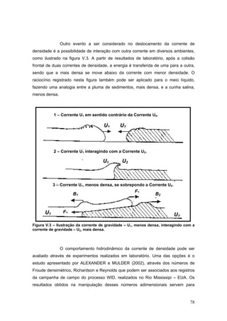 78
Outro evento a ser considerado no deslocamento da corrente de
densidade é a possibilidade de interação com outra corrente em diversos ambientes,
como ilustrado na figura V.3. A partir de resultados de laboratório, após a colisão
frontal de duas correntes de densidade, a energia é transferida de uma para a outra,
sendo que a mais densa se move abaixo da corrente com menor densidade. O
raciocínio registrado nesta figura também pode ser aplicado para o meio líquido,
fazendo uma analogia entre a pluma de sedimentos, mais densa, e a cunha salina,
menos densa.
Figura V.3 – Ilustração da corrente de gravidade – U1, menos densa, interagindo com a
corrente de gravidade – U2, mais densa.
O comportamento hidrodinâmico da corrente de densidade pode ser
avaliado através de experimentos realizados em laboratório. Uma das opções é o
estudo apresentado por ALEXANDER e MULDER (2002), através dos números de
Froude densimétrico, Richardson e Reynolds que podem ser associados aos registros
da campanha de campo do processo WID, realizados no Rio Mississipi – EUA. Os
resultados obtidos na manipulação desses números adimensionais servem para
1 – Corrente U1 em sentido contrário da Corrente U2.
2 – Corrente U1 interagindo com a Corrente U2.
3 – Corrente U1, menos densa, se sobrepondo a Corrente U2.
U1 U2
U1 U2
F1
B1 B2
F2U1 U2
 