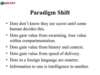 Paradigm Shift 
• Dots don’t know they are secret until some 
human decides this. 
• Dots gain value from swarming, lose value 
within compartmentation. 
• Dots gain value from history and context. 
• Dots gain value from speed of delivery. 
• Dots in a foreign language are smarter. 
• Information to one is intelligence to another. 
 
