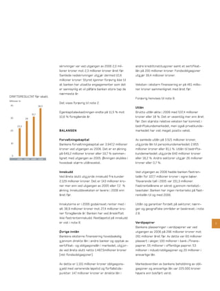 skrivninger var ved utgangen av 2006 2,0 mil-        andre kredittinstitusjoner samt et sertifikat-
                                    lioner kroner mot 2,3 millioner kroner året før.     lån på 200 millioner kroner. Fondsobligasjoner
                                    Samlede nedskrivninger utg jør dermed 10,6           utg jør 39,4 millioner kroner.
                                    millioner kroner. Styret kjenner forøvrig ikke til
                                    at banken har utsatte engasjementer som det          Veksten i ekstern finansiering er på 461 millio-
                                    er sannsynlig at vil påføre banken store tap de      ner kroner sammenlignet med året før.
                                    nærmeste år.
DRIFTSRESULTAT før skatt
                                                                                         Forøvrig henvises til note 8.
Millioner kr
                                    Det vises forøvrig til note 2.
 40                          38,3
                                                                                         Utlån
                                    Egenkapitalavkastningen endte på 11,5 % mot          Brutto utlån økte i 2006 med 537,4 millioner
                      31,7
 30                                 10,6 % foregående år.                                kroner eller 18 %. Det er vesentlig mer enn året
               28
                                                                                         før. Den største relative veksten har kommet i
        23,3                                                                             bedriftskundemarkedet, men også privatkunde-
 20                                 BALANSEN                                             markedet har vist meget positiv vekst.

                                    Forvaltningskapital                                  Av samlede utlån på 3.521 millioner kroner,
 10
                                    Bankens forvaltningskapital var 3.947,2 millioner    utg jorde lån til personkundemarkedet 2.855
                                    kroner ved utgangen av 2006. Det er en økning        millioner kroner eller 81,1 %. Utlån til bedrifts-
                                    på 649,2 millioner kroner eller 19,7 % sammen-       kundemarkedet utg jorde 640 millioner kroner
  0
        2003   2004   2005   2006   lignet med utgangen av 2005. Økningen skyldes i      eller 18,2 %. Andre sektorer utg jør 26 millioner
                                    hovedsak større utlånsvekst.                         kroner eller 0,7 %.

                                    Innskudd                                             Ved utgangen av 2006 hadde banken fastren-
                                    Ved årets slutt utg jorde innskudd fra kunder        telån for 107,7 millioner kroner i egne bøker.
                                    2.129 millioner kroner. Det er 143 millioner kro-    Tilsvarende tall i 2005 var 151,3 millioner.
                                    ner mer enn ved utgangen av 2005 eller 7,2 %         Fastrentelånene er sikret g jennom rentebyt-
                                    økning. Innskuddsveksten er lavere i 2006 enn        teavtaler. Banken har ingen renterisiko på fast-
                                    året før.                                            rentelån til og med 2006.

                                    Innskyterne er i 2006 godskrevet renter med i        Utlån og garantier fordelt på sektorer, nærin-
                                    alt 38,9 millioner kroner mot 27,4 millioner kro-    ger og geografiske områder er beskrevet i note
                                    ner foregående år. Banken har ved årsskiftet         2.8.
                                    ikke fastrenteinnskudd. Restløpetid på innskudd
                                    er vist i note 8.                                    Verdipapirer                                         5
                                                                                         Bankens plasseringer i verdipapirer var ved
                                    Øvrige innlån                                        utgangen av 2006 på 296 millioner kroner mot
                                    Bankens eksterne finansiering hovedsakelig           261 millioner året før. Av dette var 60 millioner
                                    g jennom direkte lån i andre banker og opptak av     plassert i aksjer, 100 millioner i bank-/finans-
                                    sertifikat- og obligasjonslån i markedet, utg jor-   papirer, 55 millioner i offentlige papirer, 53
                                    de ved årets slutt netto 1.487,5millioner kroner     millioner i industriobligasjoner og 20 millioner i
                                    (inkl. fondsobligasjoner).                           ansvarlige lån.

                                    Av dette er 1.101 millioner kroner obligasjons-      Markedsverdien av bankens beholdning av obli-
                                    g jeld med varierende løpetid og forfallstids-       gasjoner og ansvarlige lån var 225.000 kroner
                                    punkter. 147 millioner kroner er direkte lån i       høyere enn bokført verdi.
 