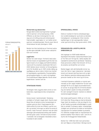 Renterisiko og valutarisiko                           OPERASJONELL RISIKO
                                    Norges Bank endret styringsrenten 5 ganger
                                    med til sammen 1,25 prosentpoeng i 2006.              Dette er knyttet til interne arbeidsoperasjo-
                                    Effekten av det lave renteregimet har vist            ner, kundetransaksjoner og bruken av tekniske
                                    seg som et kraftig press på rentemarginen.            transaksjoner i produksjonen. Etter styrets
                                    Fastrentelån i egne bøker er i sin helhet sikret      oppfatninger er den operasjonelle risikoen
FORVALTNINGSKAPITAL                 g jennom rentebytteavtaler. Styret anser ikke at      under god kontroll og i liten grad endret i 2006.
Millioner kr                        renterisikoen har økt ytterligere i 2006.
4000                         3947
                                    Banken har liten beholdning av fremmed valuta         ORGANISASJON, LIKESTILLING OG
3500
                      3298          og ikke egne valutalån. Styret anser valutarisi-      ARBEIDSMILJØ
3000           2976                 koen som minimal.
        2558                                                                              Ved utgangen av 2006 hadde Nøtterø
2500
                                    Legalrisiko                                           Sparebank 58 ansatte i bankvirksomheten (som
2000                                Banken har solid margin i forhold til det lovbe-      er fire flere enn forrige år). Dette skyldes det
1500
                                    stemte kravet om kapitaldekning (8 %). Det tid-       nyetablerte bankkontoret på Olsrød i Tønsberg.
                                    ligere kravet om en daglig overholdt likviditets-     Disse personene utfører 56,4 årsverk. 53 % av
1000
                                    reserve (6 % av bankens skyldnader) falt bort i       de ansatte ved årsskiftet var kvinner.
 500                                2006. Banken styrer nå etter en forsvarlighets-
                                    norm for likviditet og vil i 2007 utvikle måling og   Banken legger vekt på å behandle kvinner og
    0
        2003   2004   2005 2006     oppfølging av denne videre. Andre krav knyttet        menn likt. Det er ingen mekanismer i lønnssys-
                                    til regnskapslov, sparebanklov, finansavtalelov,      temet som bevisst skal favorisere ett av kjøn-
                                    personopplysningslov m.v. samt retningslinjer         nene. Bankens operative ledergruppe på seks
                                    fra Kredittilsynet følges løpende. Styret anser       personer består av fem menn og én kvinne.
                                    legalrisikoen i banken som lav.
                                                                                          I henhold til bankens vedtekter, er styret sam-
                                                                                          mensatt av fem valgte medlemmer foruten adm.
                                    STRATEGISK RISIKO                                     banksjef. 60 % av de valgte styremedlemmene
                                                                                          er kvinner. Av øvrige tiltak for å fremme likestil-
                                    Strategisk risiko utg jøres blant annet av mar-       ling, har banken utpekt kvinnelig varamedlem
                                    kedsrisiko, organisasjonsrisiko, kompetanse-          for adm. banksjef til styret i bankens to deleide
                                    risiko.                                               eiendomsmeglerselskaper.

                                    Konkurransen i bankmarkedet i Tønsberg-               Det totale sykefraværet i 2006 var 1,4 % mot
                                    området er fortsatt meget sterk. Styret anser         5,6 % året før. På grunnlag av interne klimamå-       7
                                    likevel ikke at bankens konkurranseposisjon er        linger blant de ansatte, er det grunnlag for å si
                                    svekket g jennom året. Organisasjonen ble i           at det fysiske og sosiale arbeidsmiljøet er godt.
                                    2006 endret for å bli mer effektiv overfor kun-       Det er avholdt 3 ordinære møter i arbeidsmiljø-
                                    der og marked. Virkningen av dette forventes å        utvalget som annethvert år ledes av henholdsvis
                                    komme i tiden fremover. Sammen med den økte           representant for bankens ledelse og ansatte.
                                    satsingen på kompetanseutvikling står banken          For 2006 ble utvalget ledet av representant for
                                    dermed godt rustet i forhold til konkurransen         bankens ledelse. Flere tiltak er satt i verk for å
                                    i markedet. Det strategiske risikobildet anses i      styrke det forebyggende helsearbeidet.
                                    hovedsak å være stabilt.
                                                                                          Banken har i 2006 ikke hatt noen personska-
                                                                                          der som følge av virksomheten. Så langt styret
 