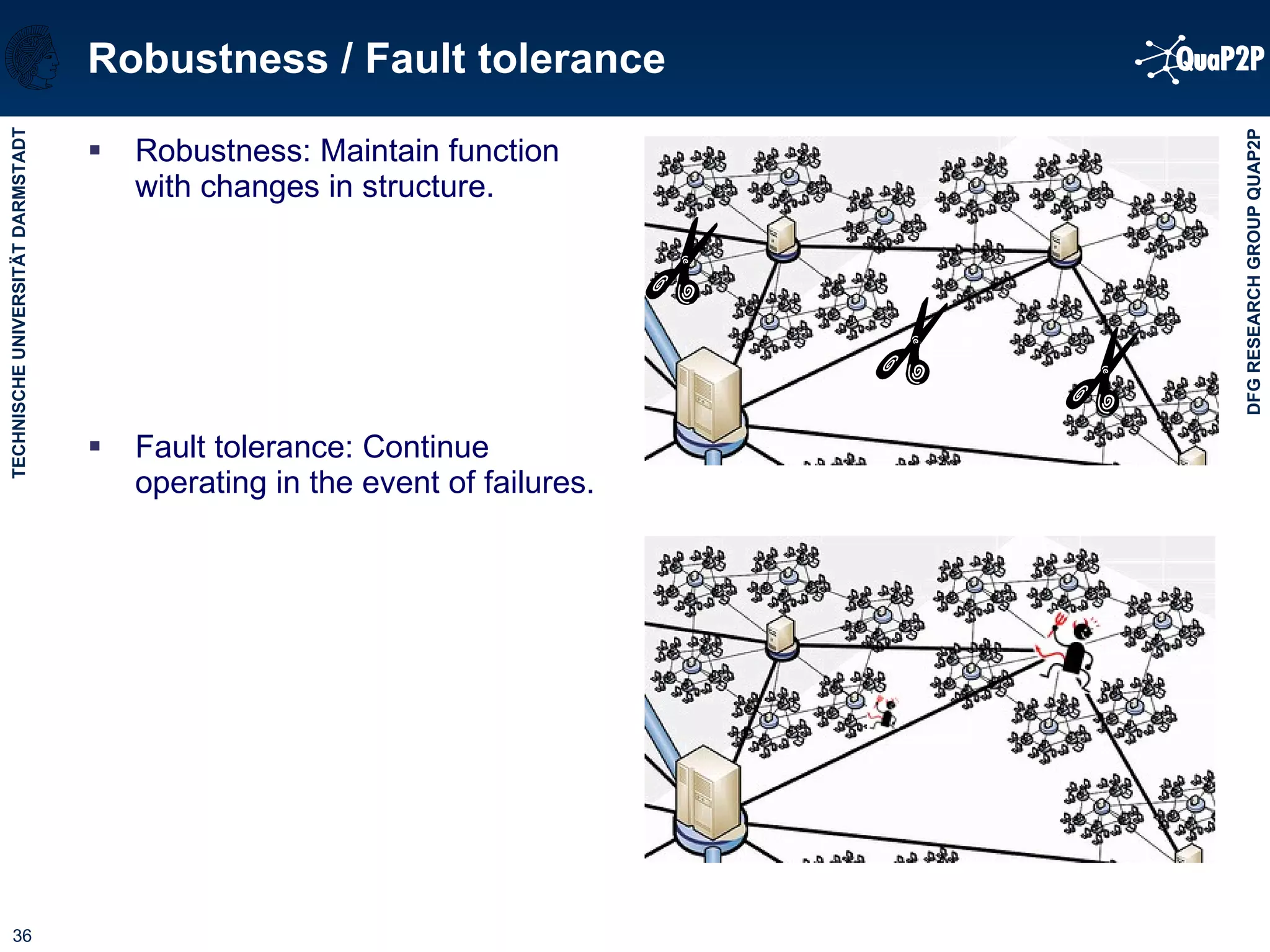 Robustness / Fault tolerance Robustness: Maintain function with changes in structure. Fault tolerance: Continue operating in the event of failures. 
