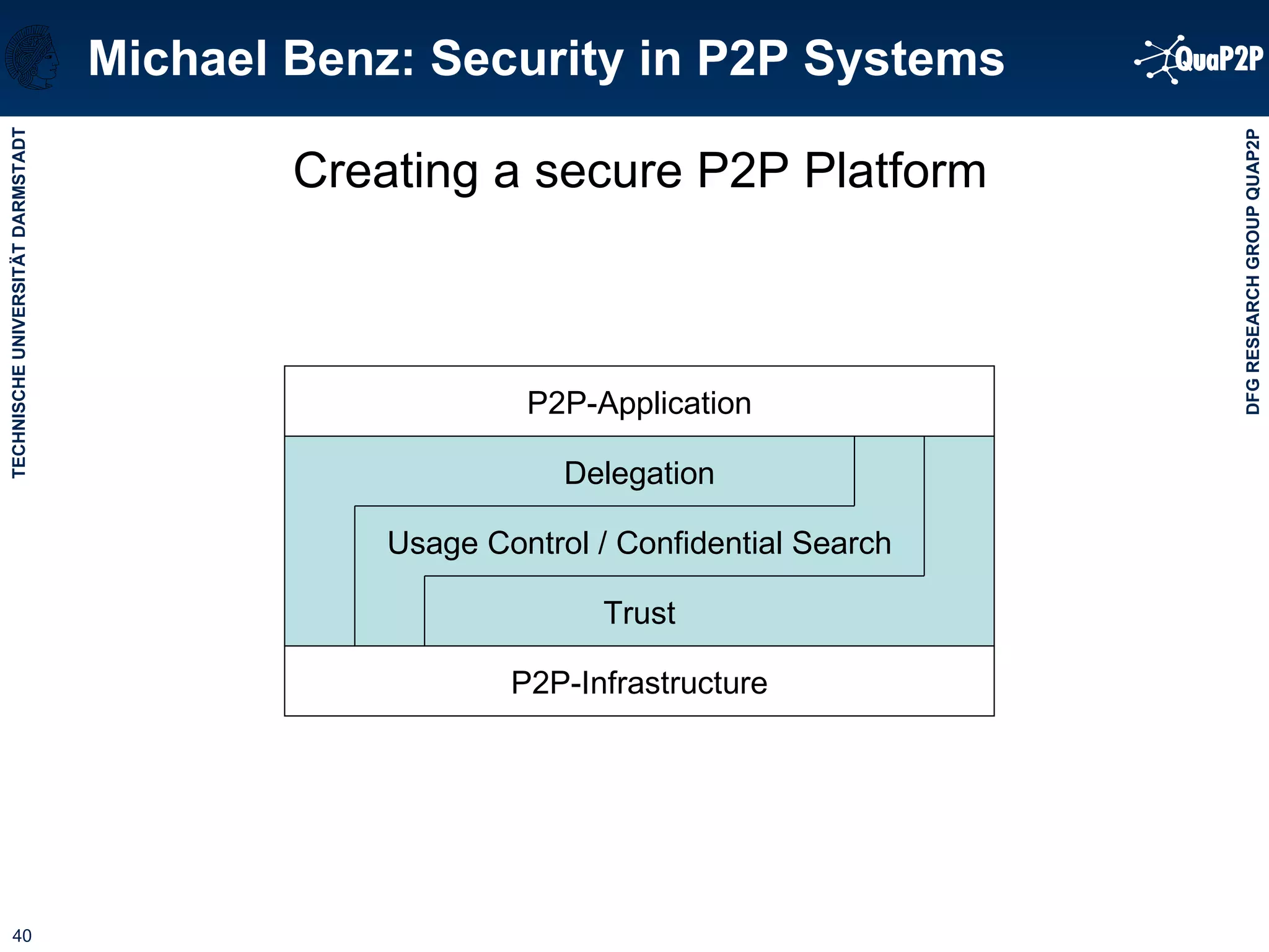 Michael Benz: Security in P2P Systems Creating a secure P2P Platform Trust Usage Control / Confidential Search Delegation P2P-Application P2P-Infrastructure 