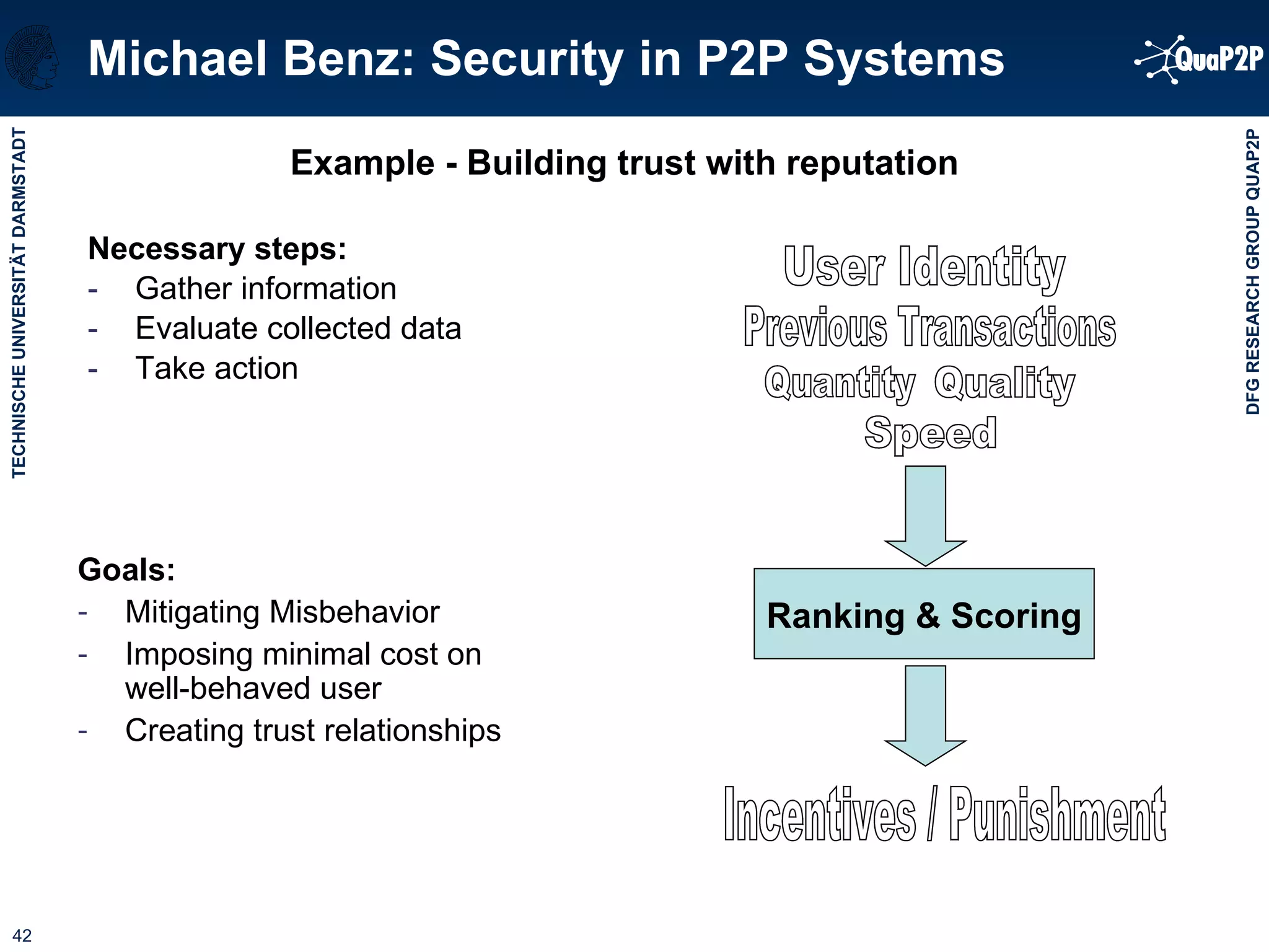 Michael Benz: Security in P2P Systems Example - Building trust with reputation Necessary steps: Gather information Evaluate collected data Take action Goals: Mitigating Misbehavior Imposing minimal cost on  well-behaved user Creating trust relationships User Identity Previous Transactions Quantity Quality Speed Ranking & Scoring Incentives / Punishment 