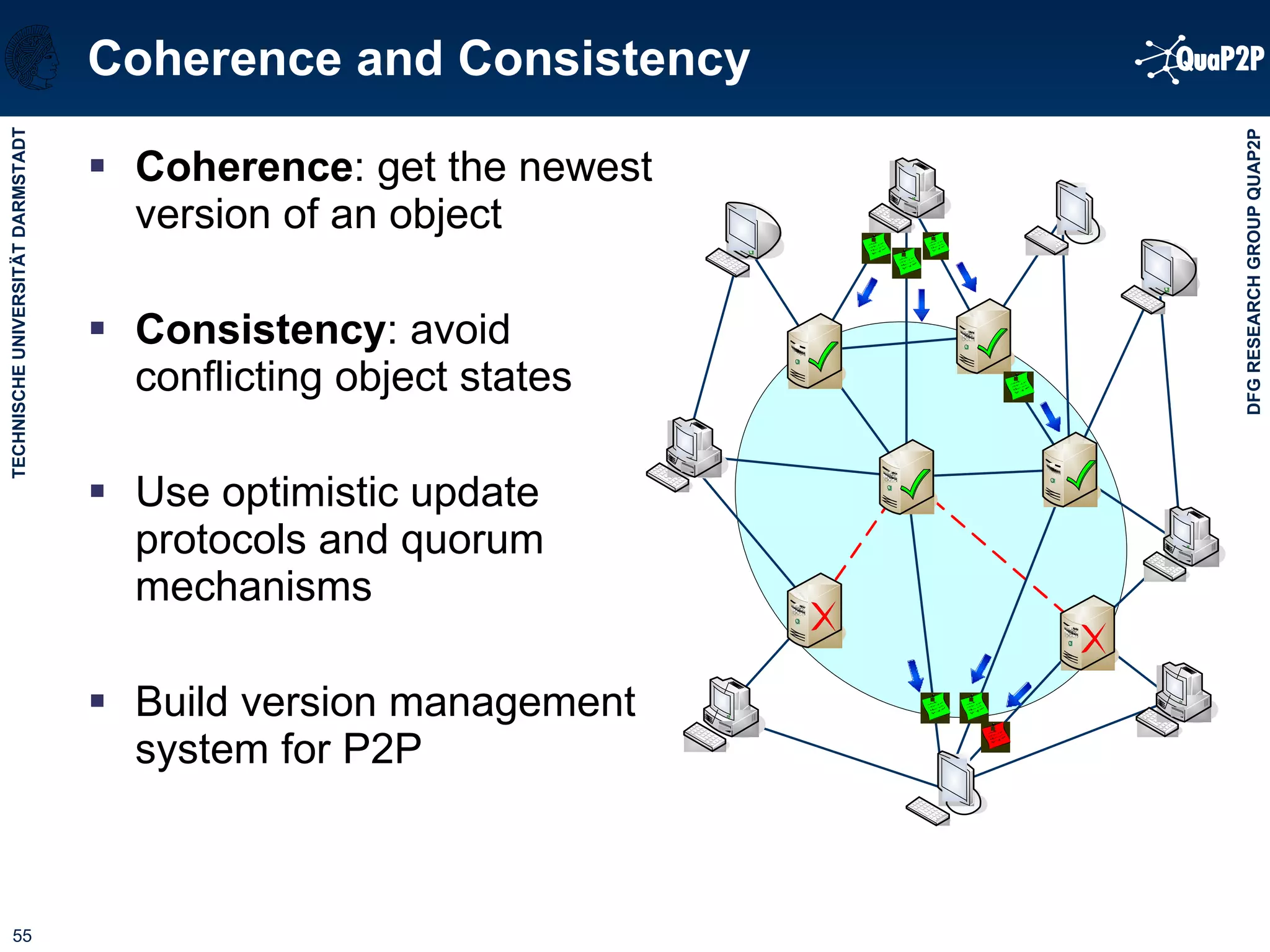 Coherence and Consistency Coherence : get the newest version of an object Consistency : avoid  conflicting object states Use optimistic update protocols and quorum mechanisms Build version management system for P2P 