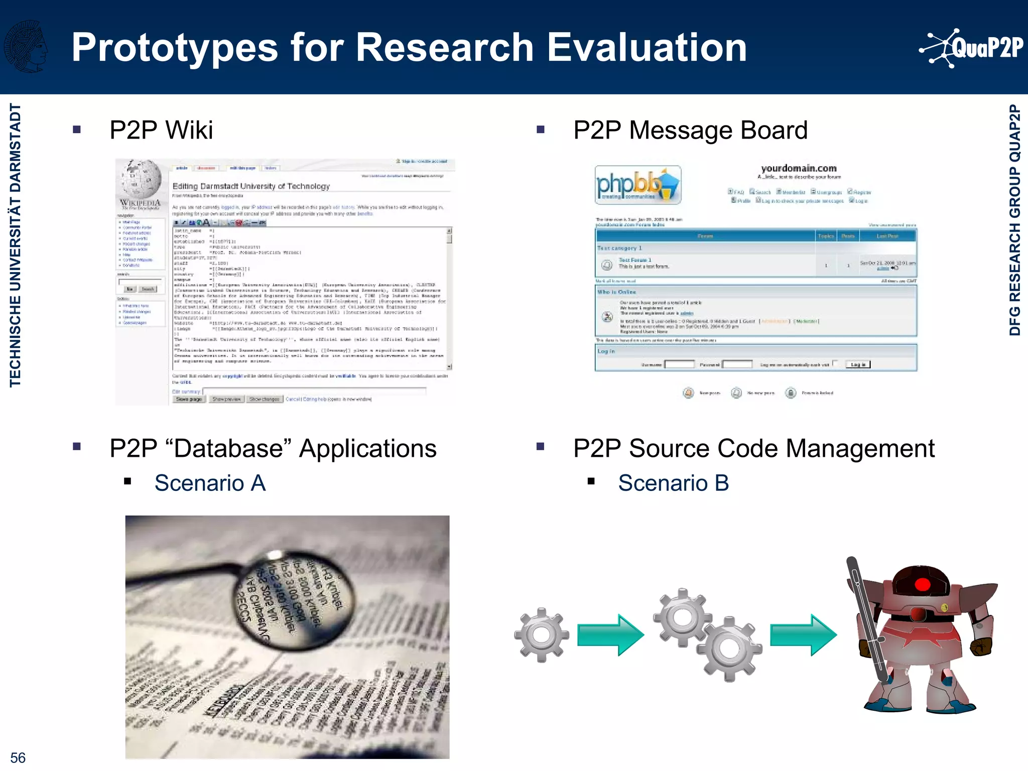 Prototypes for Research Evaluation P2P Wiki P2P Message Board P2P “Database” Applications Scenario A P2P Source Code Management Scenario B 
