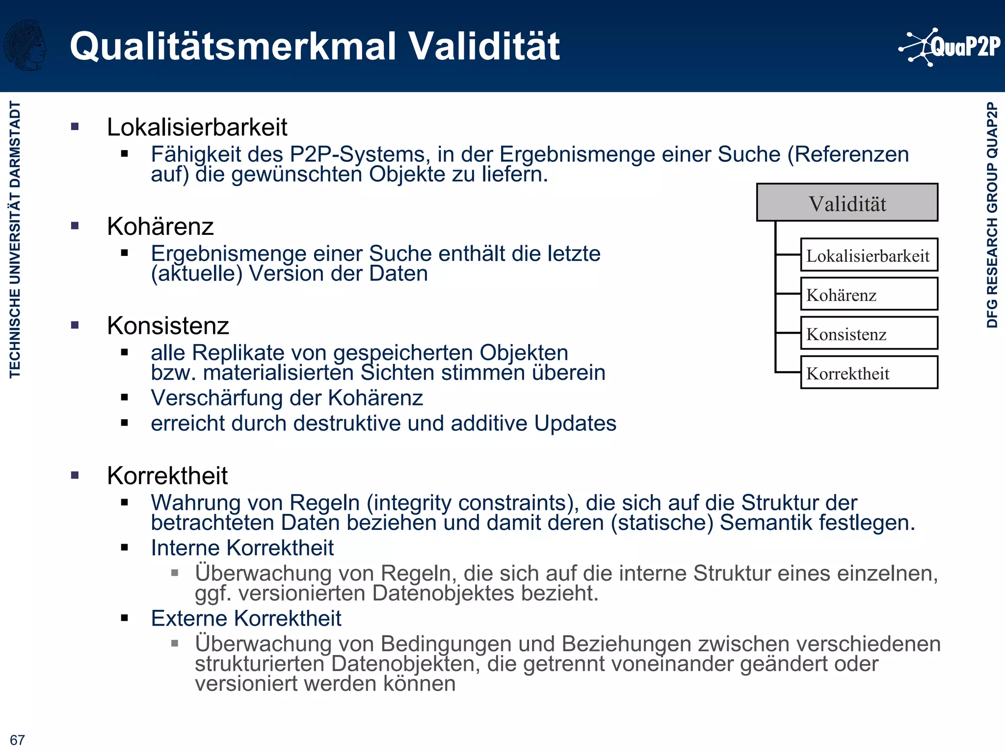 Qualitätsmerkmal Validität Lokalisierbarkeit Fähigkeit des P2P-Systems, in der Ergebnismenge einer Suche (Referenzen auf) die gewünschten Objekte zu liefern. Kohärenz Ergebnismenge einer Suche enthält die letzte  (aktuelle) Version der Daten Konsistenz alle Replikate von gespeicherten Objekten  bzw. materialisierten Sichten stimmen überein Verschärfung der Kohärenz erreicht durch destruktive und additive Updates Korrektheit Wahrung von Regeln (integrity constraints), die sich auf die Struktur der betrachteten Daten beziehen und damit deren (statische) Semantik festlegen. Interne Korrektheit Überwachung von Regeln, die sich auf die interne Struktur eines einzelnen, ggf. versionierten Datenobjektes bezieht. Externe Korrektheit Überwachung von Bedingungen und Beziehungen zwischen verschiedenen strukturierten Datenobjekten, die getrennt voneinander geändert oder versioniert werden können Lokalisierbarkeit Kohärenz Konsistenz Korrektheit Validität 