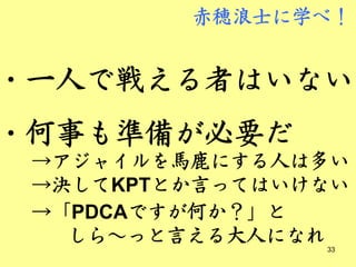 赤穂浪士に学べ！


・一人で戦える者はいない
・何事も準備が必要だ
 →アジャイルを馬鹿にする人は多い
 →決してKPTとか言ってはいけない
 →「PDCAですが何か？」と
   しら～っと言える大人になれ33
 