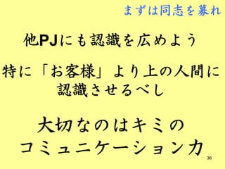 まずは同志を募れ

 他PJにも認識を広めよう
特に「お客様」より上の人間に
   認識させるべし

 大切なのはキミの
コミュニケーション力      36
 