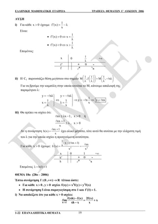 ΕΛΛΗΝΙΚΗ ΜΑΘΗΜΑΤΙΚΗ ΕΤΑΙΡΕΙΑ ΤΡΑΠΕΖΑ ΘΕΜΑΤΩΝ Γ΄ ΛΥΚΕΙΟΥ 2006
1-22 ΕΠΑΝΑΛΗΠΤΙΚΑ ΘΕΜΑΤΑ 19
ΛΥΣΗ
i) Για κάθε x 0 έχουμε
1
f (x) λ
x
  
Είναι:

1
f (x) 0 x
λ
   

1
f (x) 0 x
λ
   
Επομένως:
x 0
1
λ
+
f + 0 -
f
ii) H fC παρουσιάζει θέση μεγίστου στο σημείο
1 1 1
M ,f Μ , nλ
λ λ λ
    
     
    

Για να βρούμε την καμπύλη στην οποία κινείται το Μ, κάνουμε απαλοιφή της
παραμέτρου λ:
y nλ y nλ
1
y n y nx1 1
xx λ
λ x
    
 
      
   
 
 
iii) Θα πρέπει να ισχύει ότι:
nx λx 1, x 0   ή
nx 1
λ , x 0
x

 

Αν η συνάρτηση
nx 1
h(x)
x



έχει ολικό μέγιστο, τότε αυτό θα ισούται με την ελάχιστη τιμή
του λ για την οποία ισχύει η προηγούμενη ανισότητα.
Για κάθε x 0 έχουμε: 2 2
1
x ( nx 1)
nxxh (x)
x x
  
   


x 0 1 +
h + 0 -
h
Επομένως λ h(1) 1 
ΘΕΜΑ 18ο (28ο – 2006)
Έστω συνάρτηση f :(0 , ) R  τέτοια ώστε:
 Για κάθε x 0 , y 0  ισχύει 2 2
f(xy) x f(y) y f(x) 
 Η συνάρτηση f είναι παραγωγίσιμη στο 1 και f΄(1) 1.
i) Να αποδείξετε ότι για κάθε x > 0 ισχύει:
h 1
f(xh) f(x) 2f(x)
im x
xh x x

 


 