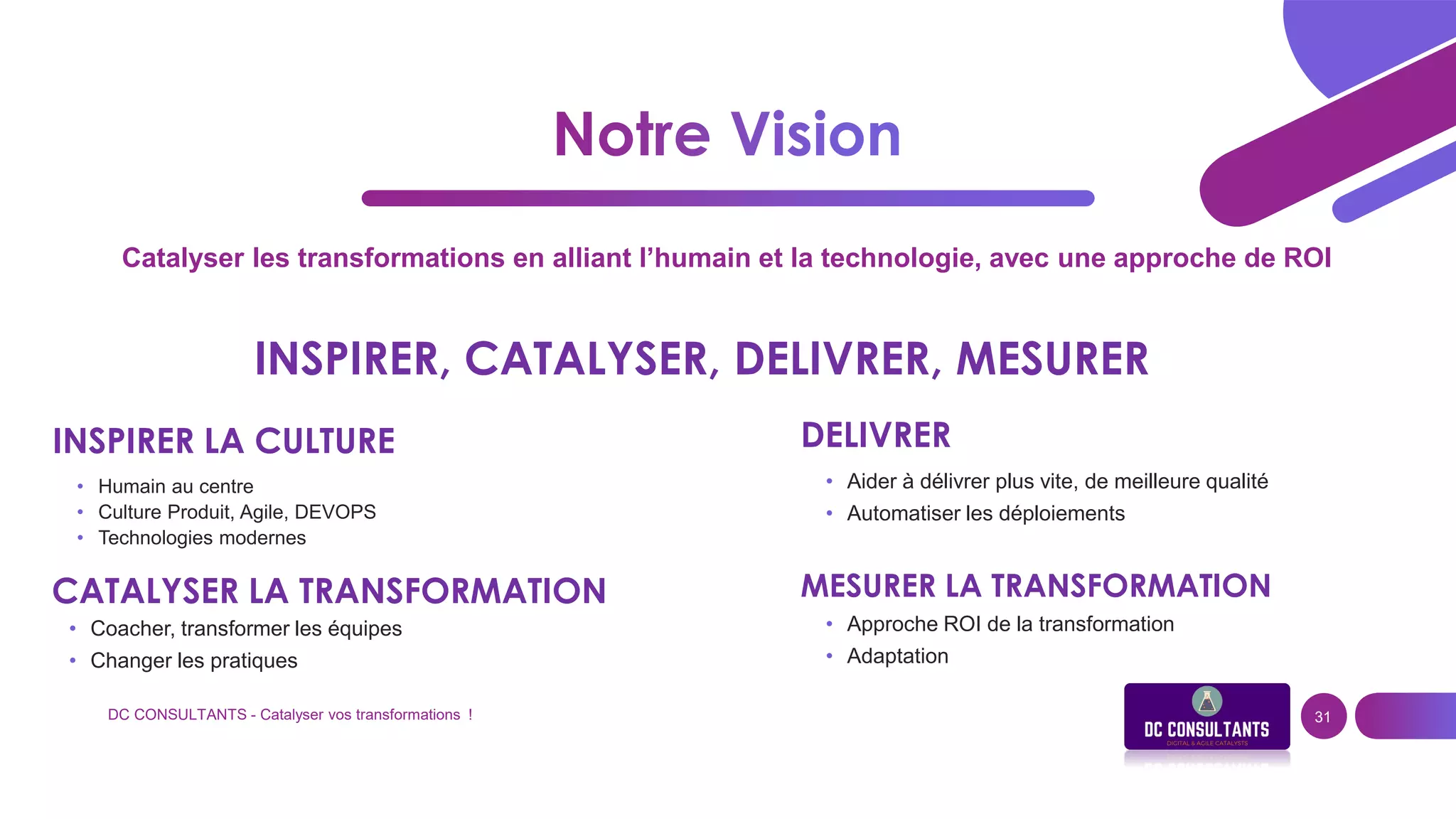 Catalyser les transformations en alliant l’humain et la technologie, avec une approche de ROI
INSPIRER LA CULTURE
CATALYSER LA TRANSFORMATION
DC CONSULTANTS - Catalyser vos transformations ! 31
• Humain au centre
• Culture Produit, Agile, DEVOPS
• Technologies modernes
INSPIRER, CATALYSER, DELIVRER, MESURER
• Coacher, transformer les équipes
• Changer les pratiques
DELIVRER
• Aider à délivrer plus vite, de meilleure qualité
• Automatiser les déploiements
MESURER LA TRANSFORMATION
• Approche ROI de la transformation
• Adaptation
 