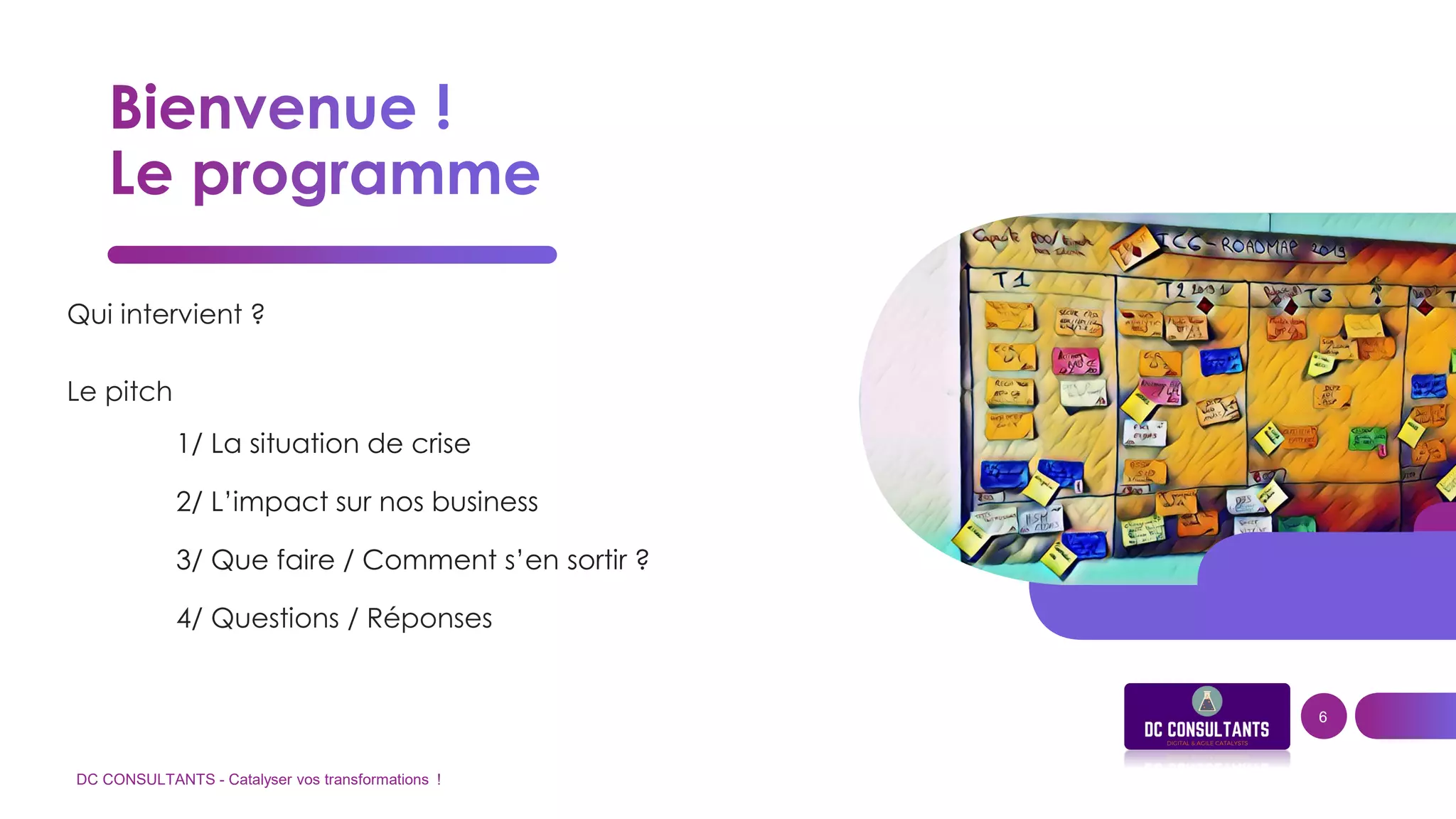 Qui intervient ?
Le pitch
1/ La situation de crise
2/ L’impact sur nos business
3/ Que faire / Comment s’en sortir ?
4/ Questions / Réponses
DC CONSULTANTS - Catalyser vos transformations !
6
 