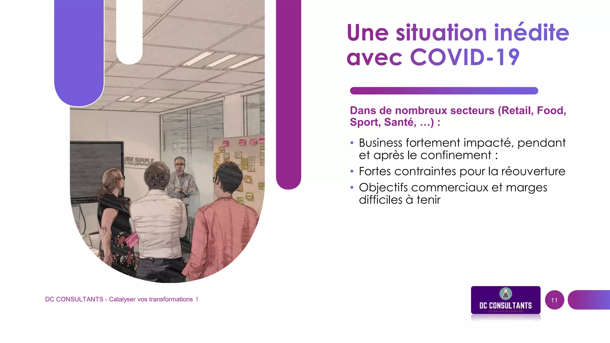Dans de nombreux secteurs (Retail, Food,
Sport, Santé, …) :
• Business fortement impacté, pendant
et après le confinement :
• Fortes contraintes pour la réouverture
• Objectifs commerciaux et marges
difficiles à tenir
DC CONSULTANTS - Catalyser vos transformations ! 11
 
