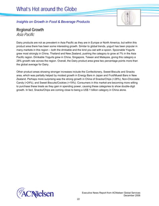 What’s Hot around the Globe

Insights on Growth in Food & Beverage Products

Regional Growth
Asia Pacific
Dairy products are not as prevalent in Asia Pacific as they are in Europe or North America, but within this
product area there has been some interesting growth. Similar to global trends, yogurt has been popular in
many markets in this region – both the drinkable and the kind you eat with a spoon. Spoonable Yogurts
grew most strongly in China, Thailand and New Zealand, pushing the category to grow at 7% in the Asia
Pacific region. Drinkable Yogurts grew in China, Singapore, Taiwan and Malaysia, giving this category a
28% growth rate across the region. Overall, the Dairy product area grew two percentage points more than
the global average for Dairy.

Other product areas showing stronger increases include the Confectionery, Sweet Biscuits and Snacks
area, which was partially helped by modest growth in Energy Bars in Japan and Fruit/Muesli Bars in New
Zealand. Perhaps more surprising was the strong growth in China of Snacks/Chips (+28%), Non-Chocolate
Candy (+24%), and Sweet Biscuits/Cookies (+19%). Consumers in this market are becoming more willing
to purchase these treats as they gain in spending power, causing these categories to show double-digit
growth. In fact, Snacks/Chips are coming close to being a US$ 1 billion category in China alone.




                                                          Executive News Report from ACNielsen Global Services
                                                                                               December 2006
                                                     22
 