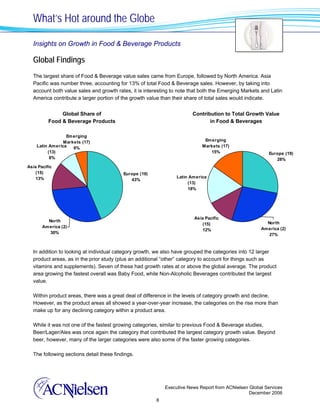What’s Hot around the Globe

  Insights on Growth in Food & Beverage Products

  Global Findings
  The largest share of Food & Beverage value sales came from Europe, followed by North America. Asia
  Pacific was number three, accounting for 13% of total Food & Beverage sales. However, by taking into
  account both value sales and growth rates, it is interesting to note that both the Emerging Markets and Latin
  America contribute a larger portion of the growth value than their share of total sales would indicate.


               Global Share of                                          Contribution to Total Growth Value
          Food & Beverage Products                                             in Food & Beverages

                  Em erging
                 Markets (17)                                                Em erging
    Latin Am erica   6%                                                     Markets (17)
         (13)                                                                  15%                        Europe (19)
          8%                                                                                                 28%
Asia Pacific
   (15)                                   Europe (19)
   13%                                                           Latin Am erica
                                             43%
                                                                      (13)
                                                                      18%




                                                                         Asia Pacific
         North                                                                                          North
                                                                            (15)
       Am erica (2)                                                                                   Am erica (2)
                                                                            12%
          30%                                                                                            27%



  In addition to looking at individual category growth, we also have grouped the categories into 12 larger
  product areas, as in the prior study (plus an additional “other” category to account for things such as
  vitamins and supplements). Seven of these had growth rates at or above the global average. The product
  area growing the fastest overall was Baby Food, while Non-Alcoholic Beverages contributed the largest
  value.

  Within product areas, there was a great deal of difference in the levels of category growth and decline.
  However, as the product areas all showed a year-over-year increase, the categories on the rise more than
  make up for any declining category within a product area.

  While it was not one of the fastest growing categories, similar to previous Food & Beverage studies,
  Beer/Lager/Ales was once again the category that contributed the largest category growth value. Beyond
  beer, however, many of the larger categories were also some of the faster growing categories.

  The following sections detail these findings.




                                                            Executive News Report from ACNielsen Global Services
                                                                                                 December 2006
                                                        8
 