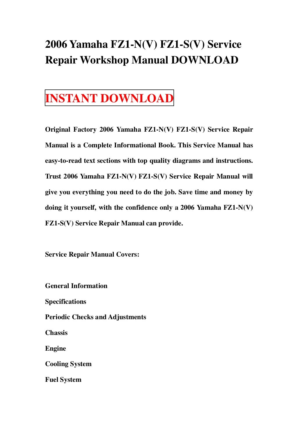 2006 yamaha fz1 n(v) fz1-s(v) service repair workshop manual download