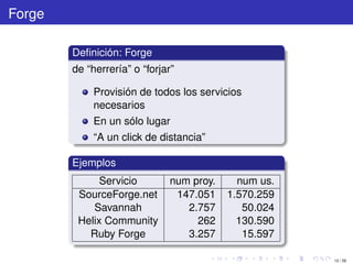 Forge

        Deﬁnición: Forge
        de “herrería” o “forjar”

             Provisión de todos los servicios
             necesarios
             En un sólo lugar
             “A un click de distancia”

        Ejemplos
              Servicio         num proy.     num us.
         SourceForge.net        147.051    1.570.259
            Savannah              2.757       50.024
         Helix Community            262      130.590
           Ruby Forge             3.257       15.597

                                                       12 / 29
 