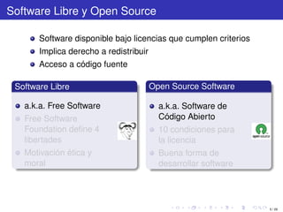 Software Libre y Open Source

       Software disponible bajo licencias que cumplen criterios
       Implica derecho a redistribuir
       Acceso a código fuente

 Software Libre                         Open Source Software

   a.k.a. Free Software                   a.k.a. Software de
   Free Software                          Código Abierto
   Foundation deﬁne 4                     10 condiciones para
   libertades                             la licencia
   Motivación ética y                     Buena forma de
   moral                                  desarrollar software




                                                                  5 / 29
 