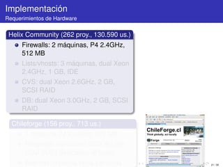 Implementación
Requerimientos de Hardware


 Helix Community (262 proy., 130.590 us.)
      Firewalls: 2 máquinas, P4 2.4GHz,
      512 MB
      Lists/vhosts: 3 máquinas, dual Xeon
      2.4GHz, 1 GB, IDE
      CVS: dual Xeon 2.6GHz, 2 GB,
      SCSI RAID
      DB: dual Xeon 3.0GHz, 2 GB, SCSI
      RAID

  Chileforge (156 proy., 713 us.)
       1 máquina P4 2.4GHz, 512 MB
       Respaldo manual en DVD, 60 GB
       HDD (IDE) dedicados al forge
       Además: muchos otros servicios       21 / 29
 