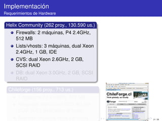 Implementación
Requerimientos de Hardware


 Helix Community (262 proy., 130.590 us.)
      Firewalls: 2 máquinas, P4 2.4GHz,
      512 MB
      Lists/vhosts: 3 máquinas, dual Xeon
      2.4GHz, 1 GB, IDE
      CVS: dual Xeon 2.6GHz, 2 GB,
      SCSI RAID
      DB: dual Xeon 3.0GHz, 2 GB, SCSI
      RAID

  Chileforge (156 proy., 713 us.)
       1 máquina P4 2.4GHz, 512 MB
       Respaldo manual en DVD, 60 GB
       HDD (IDE) dedicados al forge
       Además: muchos otros servicios       21 / 29
 